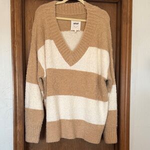 Aerie V-Neck Sweater in Tan and Cream Stripes